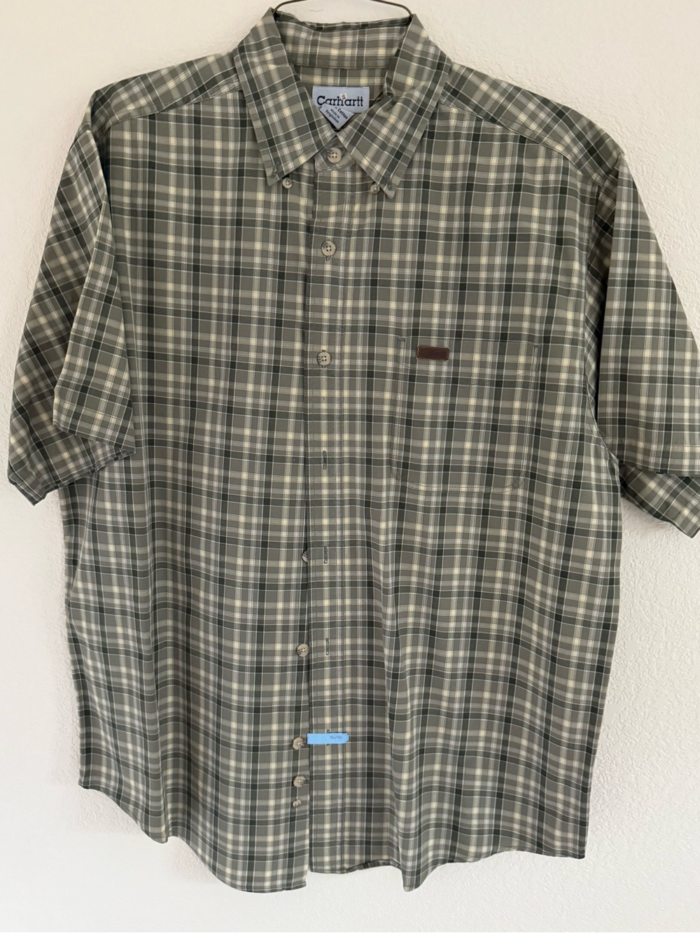 Carhartt Men's Olive and Cream Plaid Short-Sleeve Button-Down Shirt